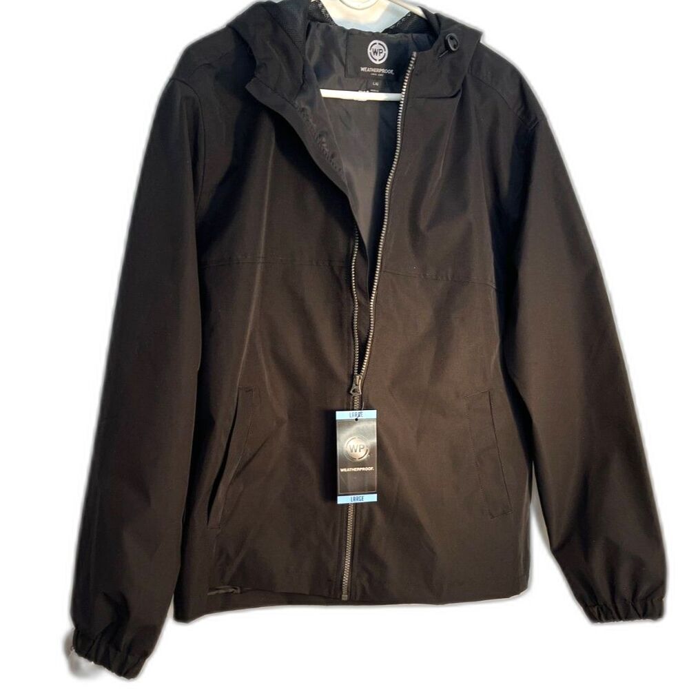 Weatherproof Men's Black Hooded Lined Rain Jacket SZ L NEW